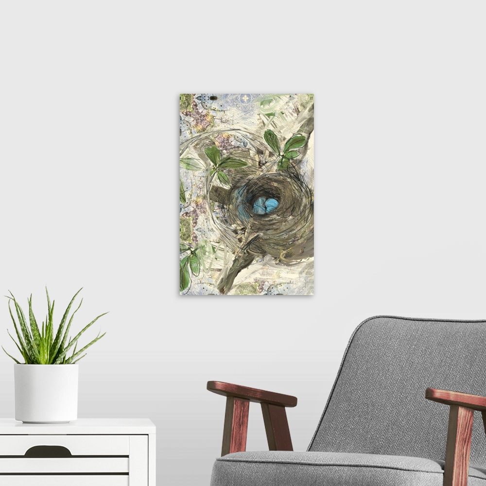 A modern room featuring Contemporary painting of a bird's nest with blue eggs in a tree on a blue, purple, and green deco...