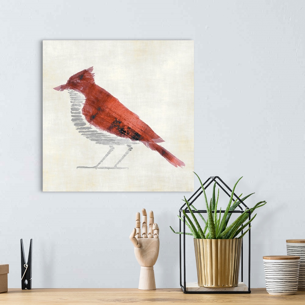 A bohemian room featuring A sketch style illustration of a red jay bird.