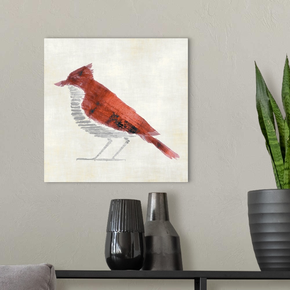 A modern room featuring A sketch style illustration of a red jay bird.