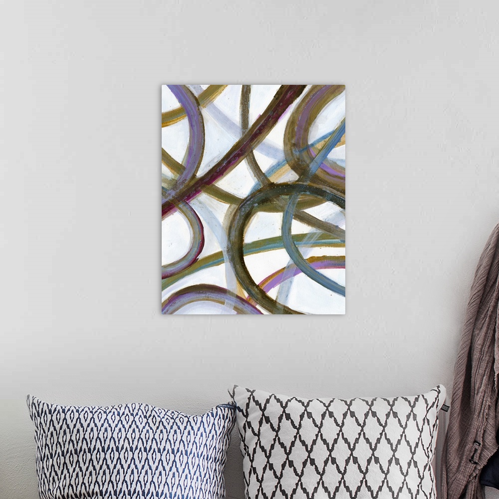 A bohemian room featuring Contemporary abstract artwork of bold lines and curves intersecting.