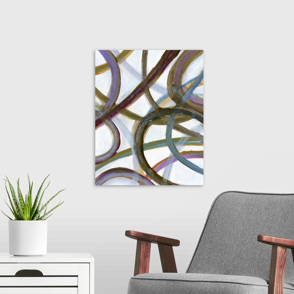 A modern room featuring Contemporary abstract artwork of bold lines and curves intersecting.