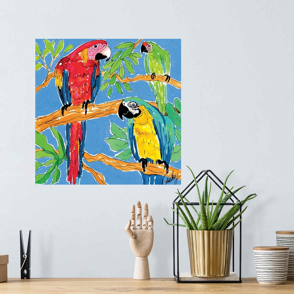 A bohemian room featuring Contemporary artwork of three brightly colored macaw parrots, sitting on a branch together. Surro...