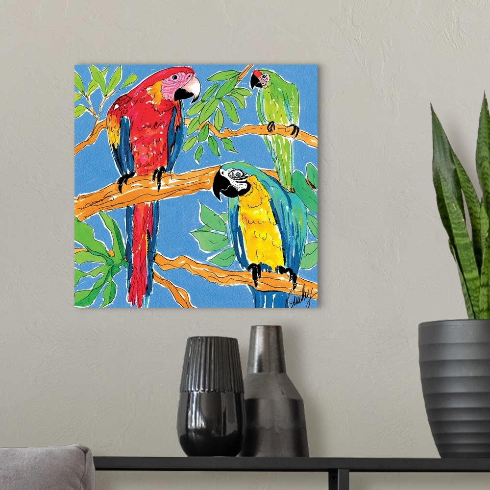 A modern room featuring Contemporary artwork of three brightly colored macaw parrots, sitting on a branch together. Surro...