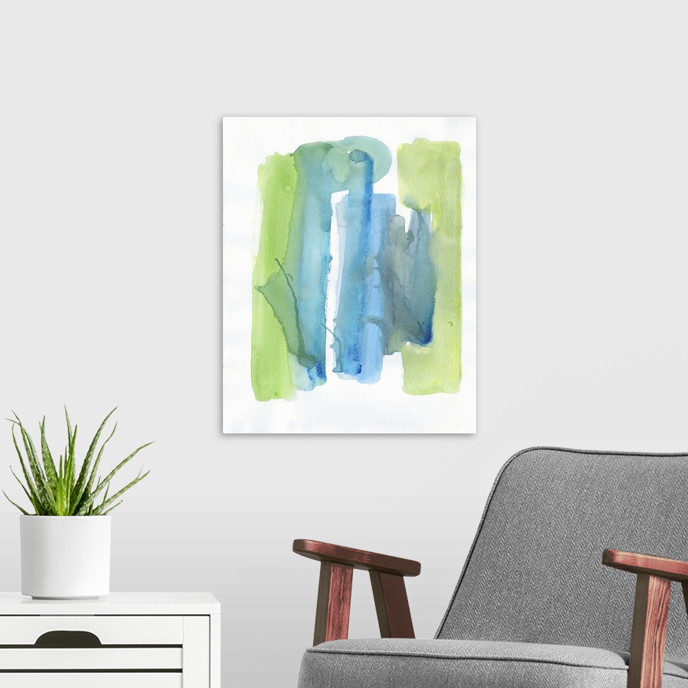 A modern room featuring Watercolor abstract artwork in shades of vivid blue and lime green.