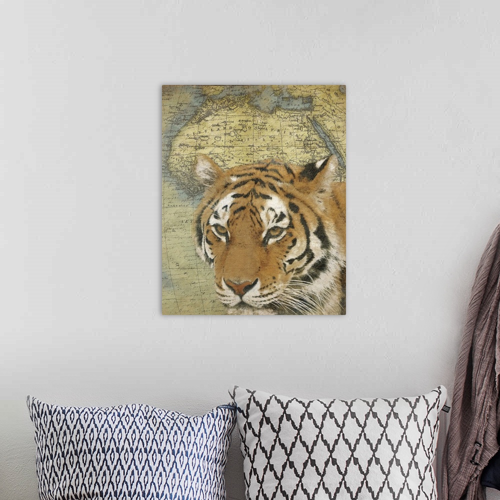 A bohemian room featuring Tiger on Africa map