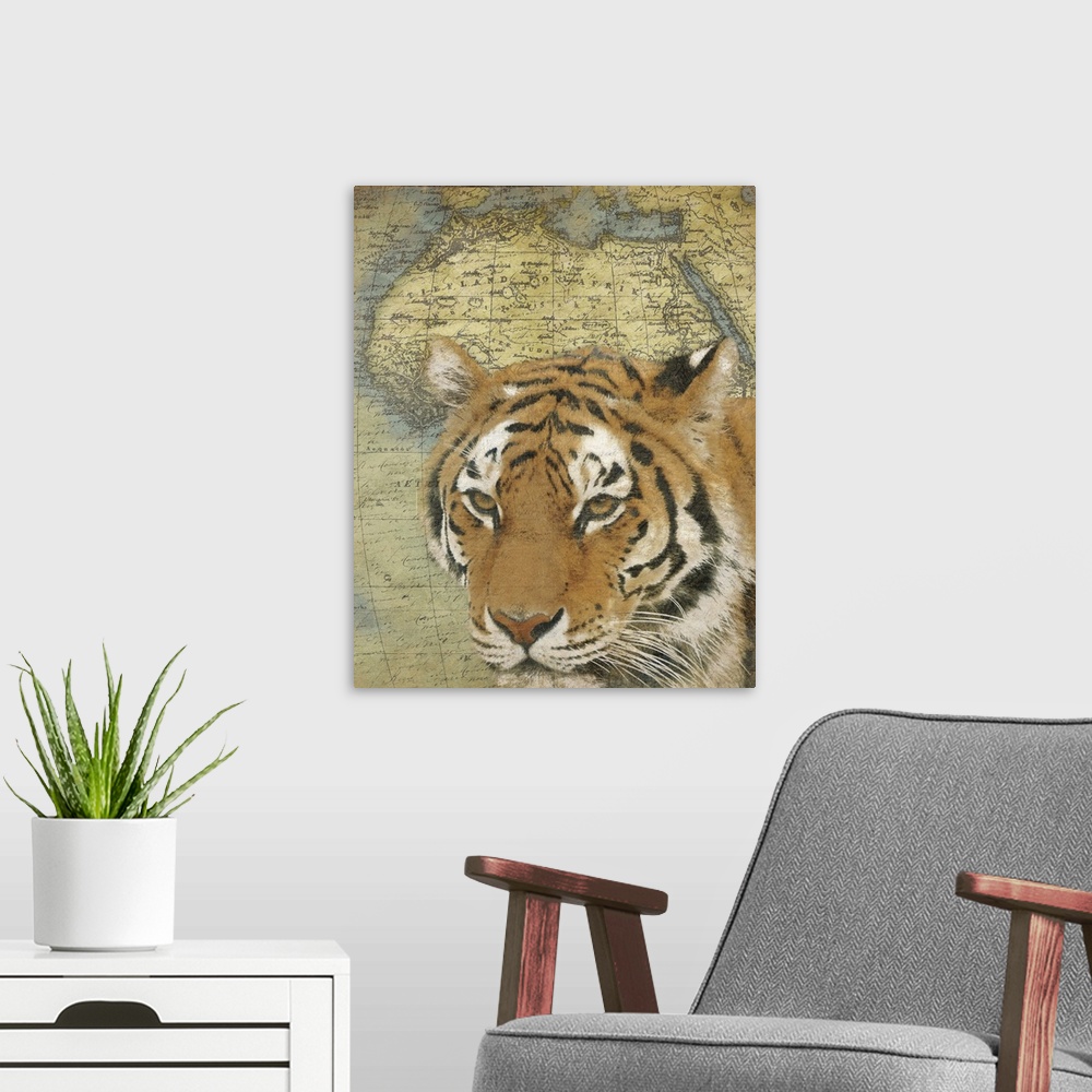 A modern room featuring Tiger on Africa map
