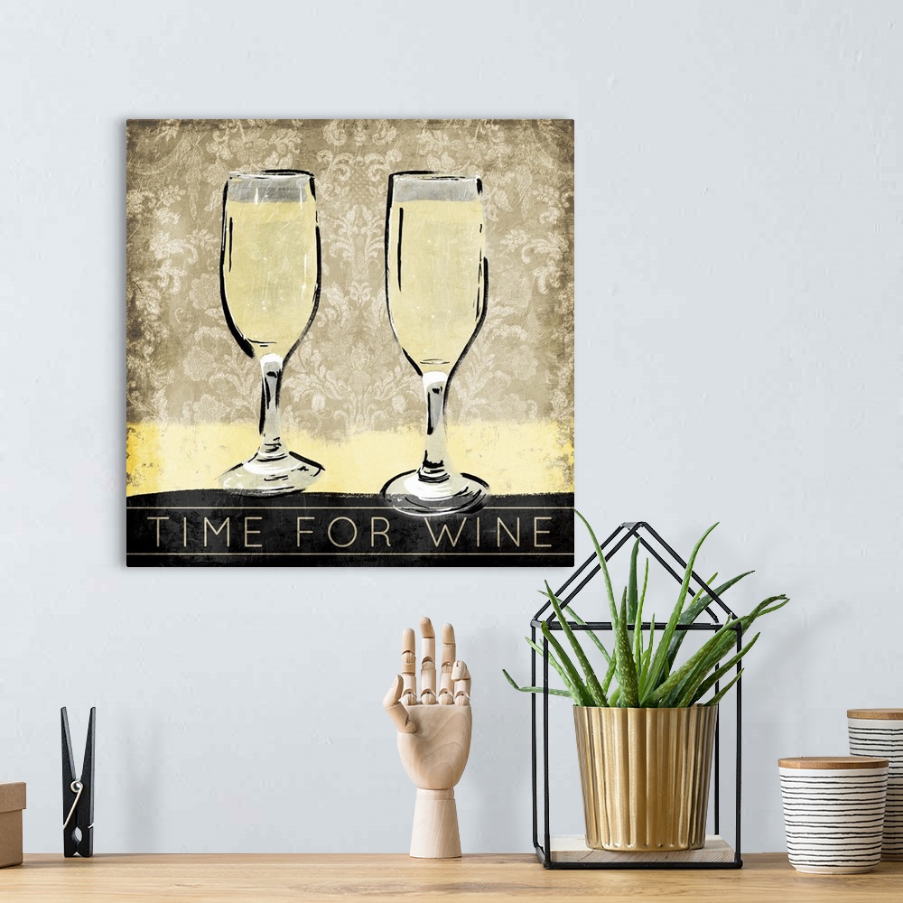 A bohemian room featuring A painting of two white wine flutes with a decorative background and the phrase "Time for Wine" a...