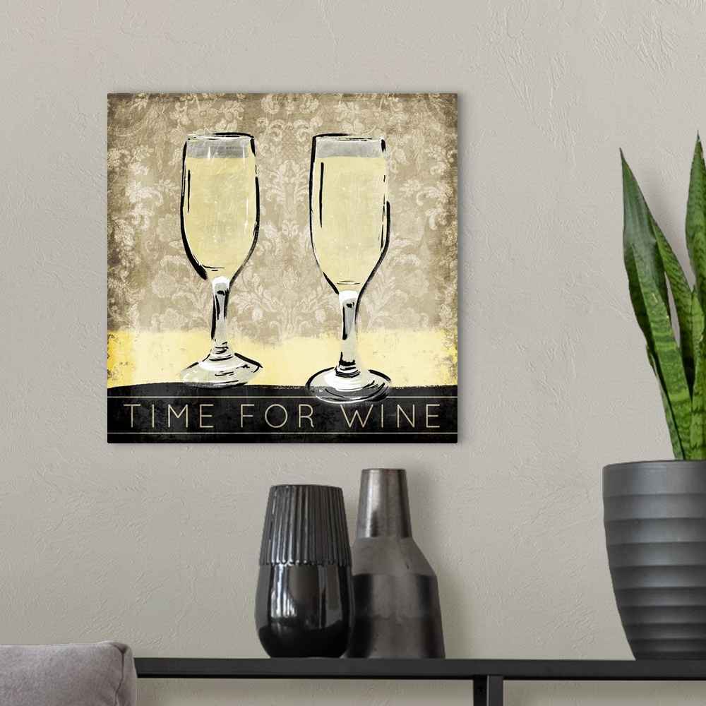 A modern room featuring A painting of two white wine flutes with a decorative background and the phrase "Time for Wine" a...