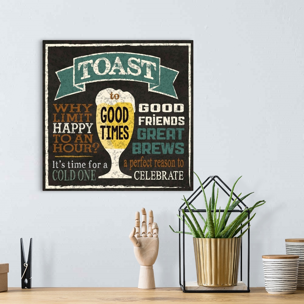 A bohemian room featuring Chalkboard style artwork featuring a  glass of beer and beer-related phrases.