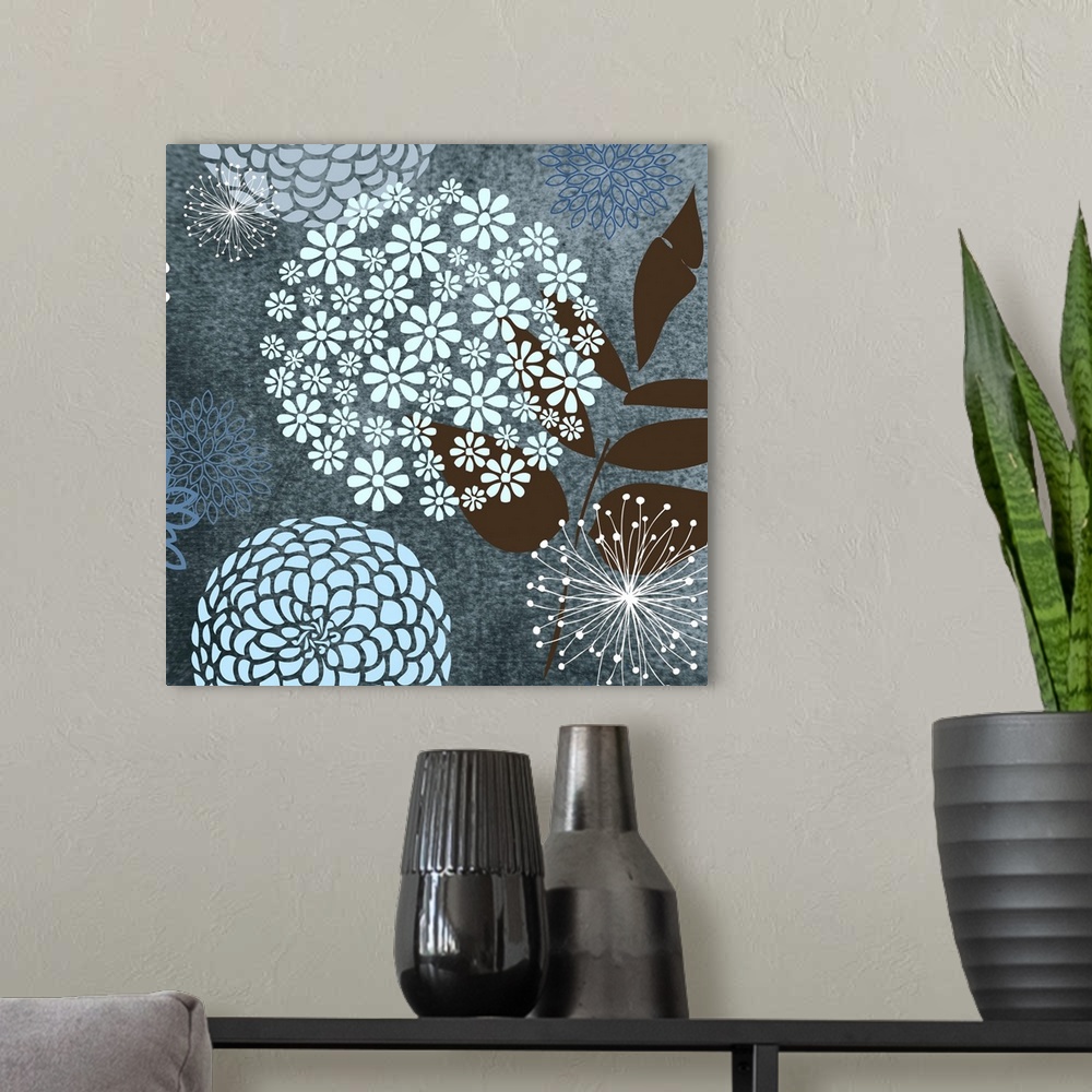 A modern room featuring Decorative floral artwork against a blue flora background.