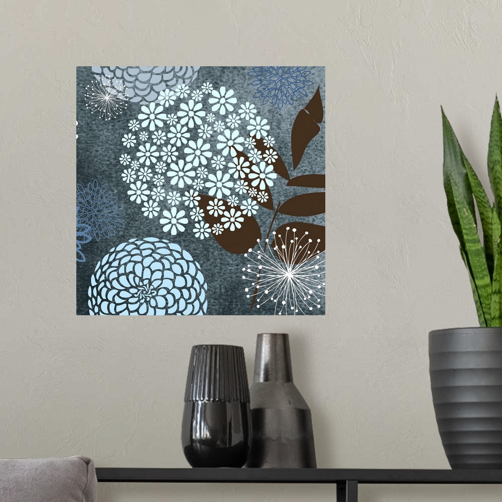 A modern room featuring Decorative floral artwork against a blue flora background.