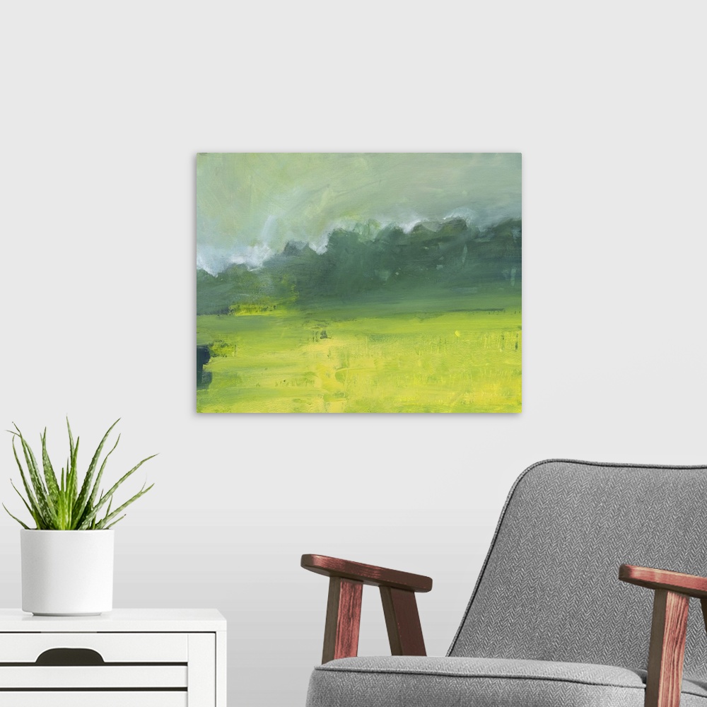 A modern room featuring Contemporary landscape painting of a field with a row of trees in the distance.
