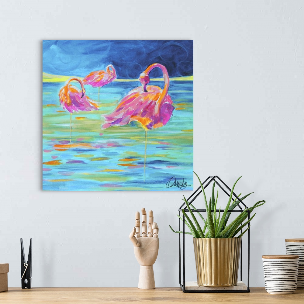 A bohemian room featuring Contemporary painting of three flamingos standing in water.