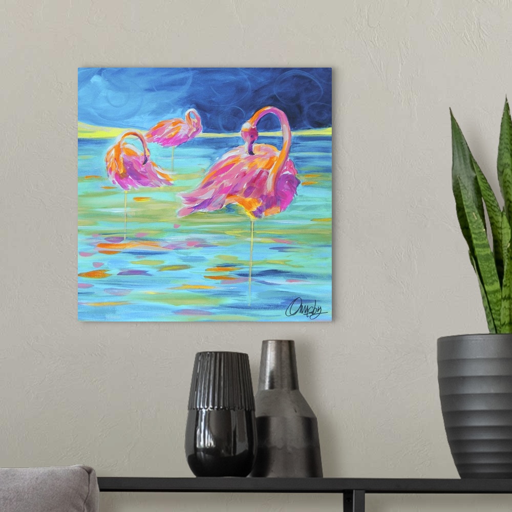 A modern room featuring Contemporary painting of three flamingos standing in water.