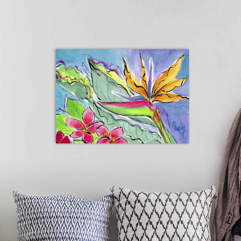 A bohemian room featuring Contemporary painting of bird of paradise flowers, with other tropical flowers.