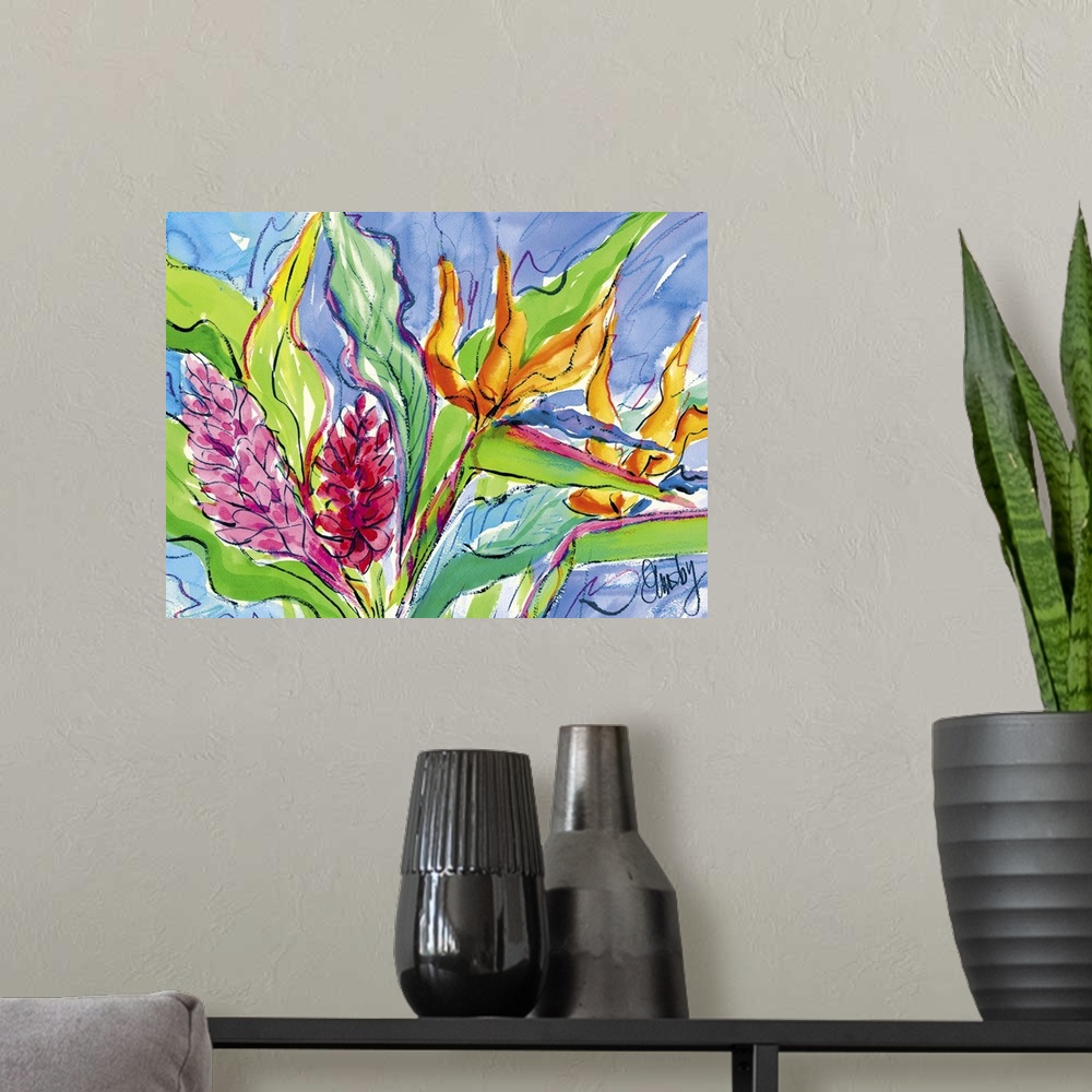 A modern room featuring Contemporary painting of bird of paradise flowers, with other tropical flowers.