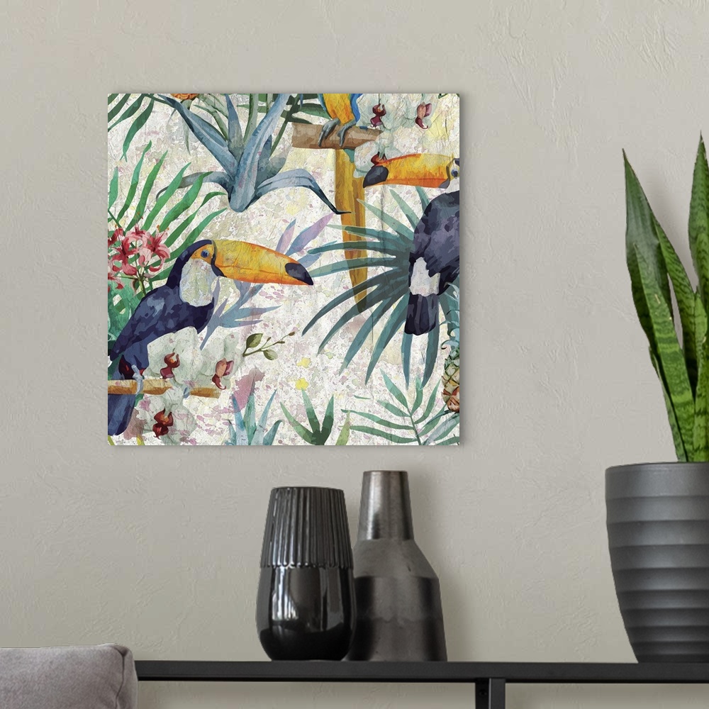 A modern room featuring Tropical pattern with Toco Toucans on green palm leaves with white orchids.