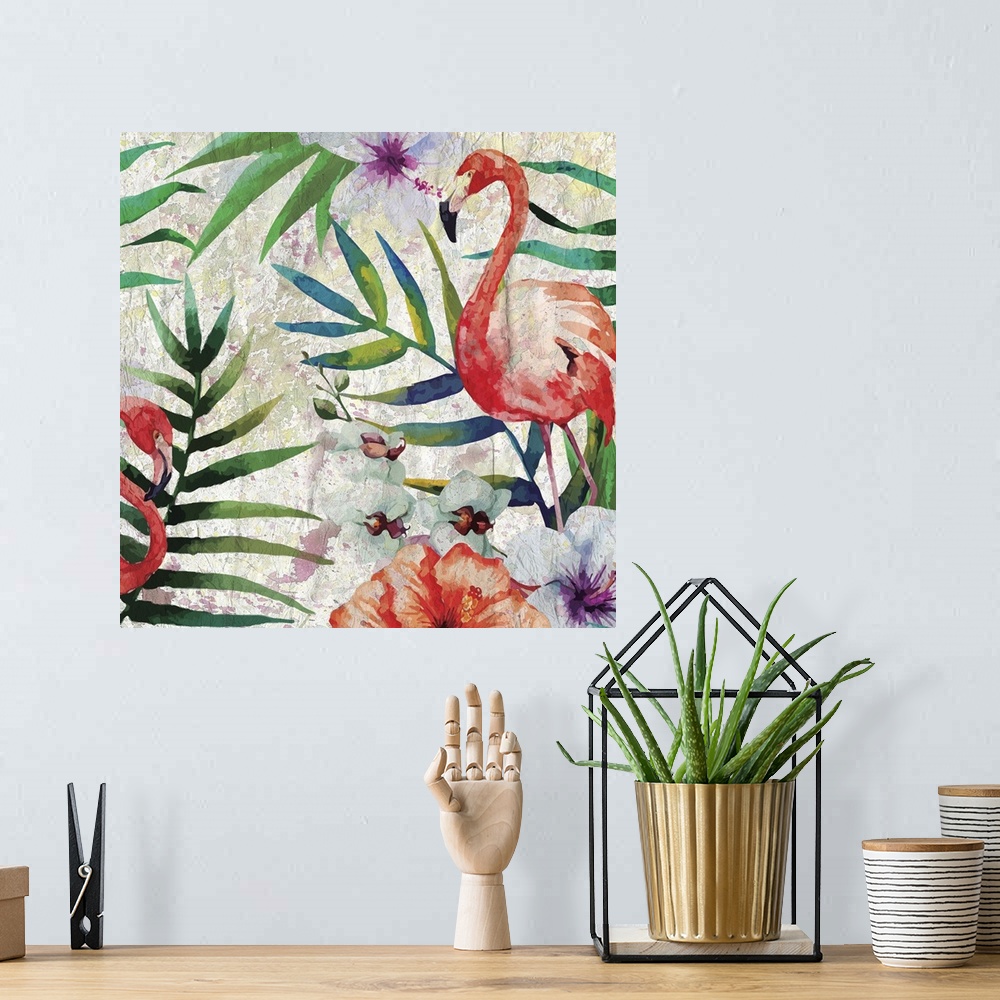 A bohemian room featuring Tropical pattern with Flamingos and green palm leaves with white orchids.