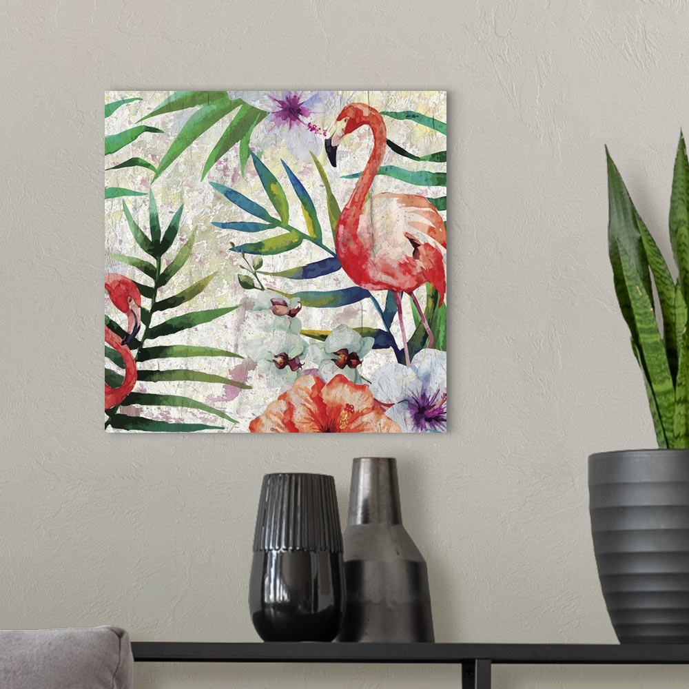 A modern room featuring Tropical pattern with Flamingos and green palm leaves with white orchids.