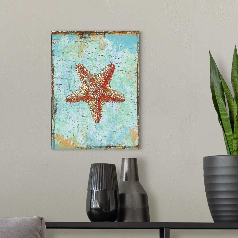 A modern room featuring Artwork of a red starfish against a weathered turquoise background