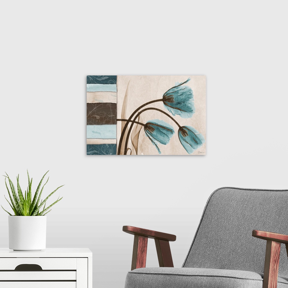 A modern room featuring Square x-ray photograph of three tulips bending over to the right, with a vertical set of texture...