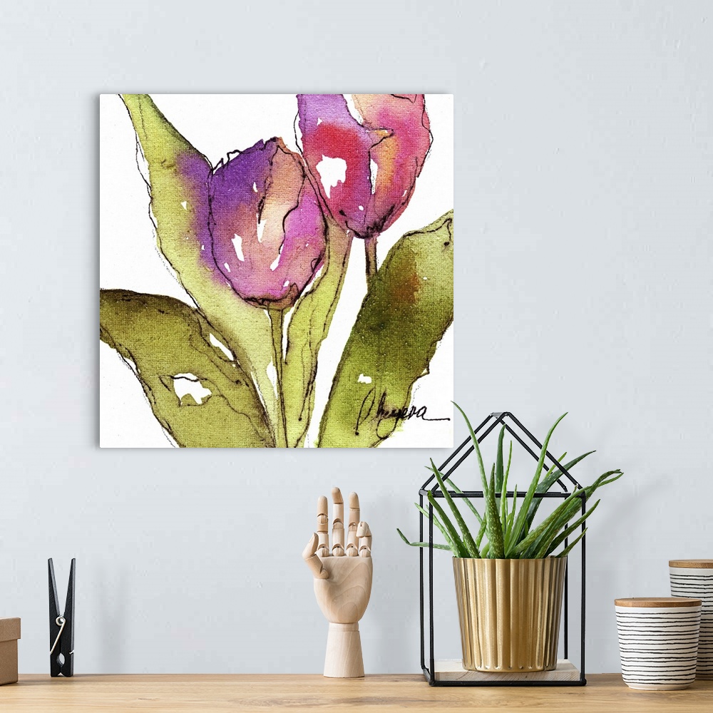 A bohemian room featuring Two pink tulips with broad green leaves in watercolor and ink.