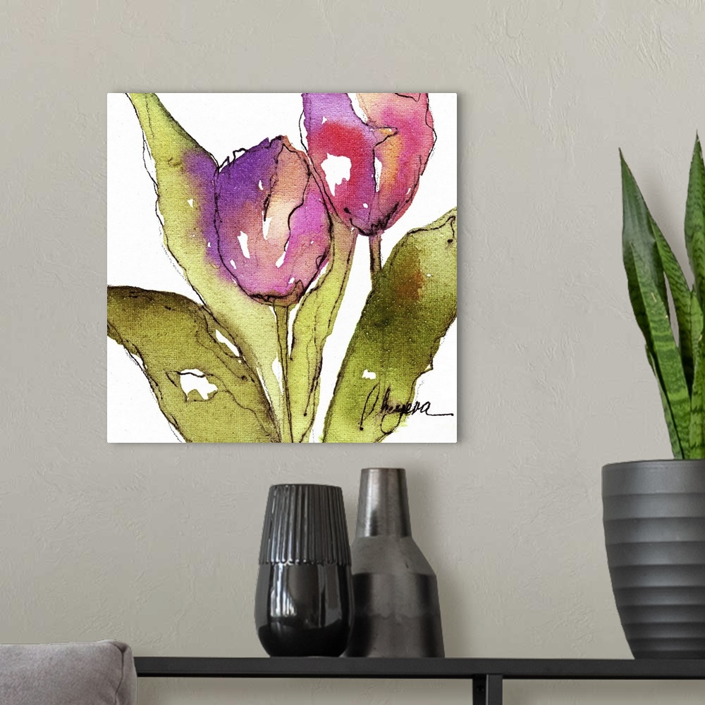 A modern room featuring Two pink tulips with broad green leaves in watercolor and ink.