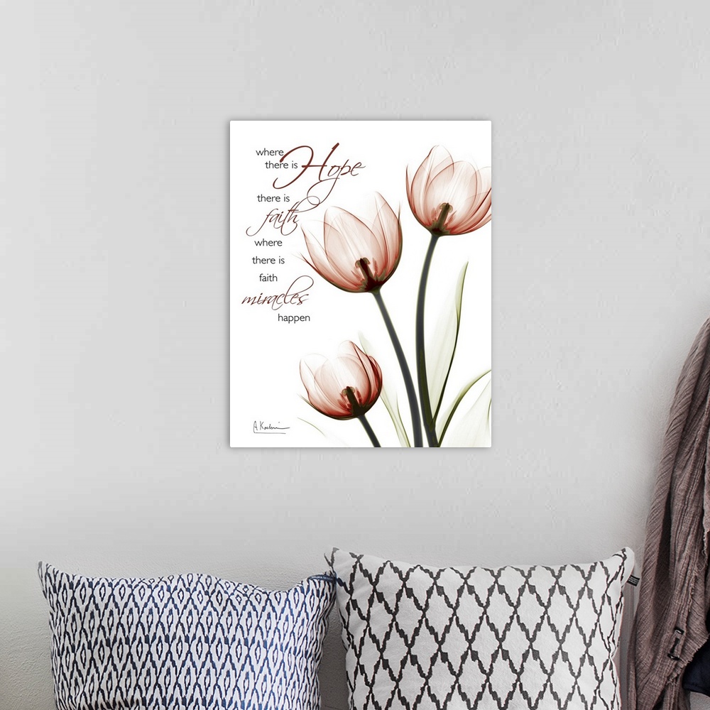 A bohemian room featuring Vertical, large x-ray photograph of three tulips on a solid white background.  Text above the tul...