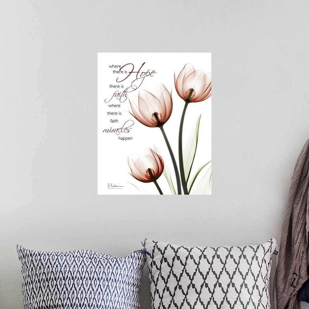 A bohemian room featuring Vertical, large x-ray photograph of three tulips on a solid white background.  Text above the tul...