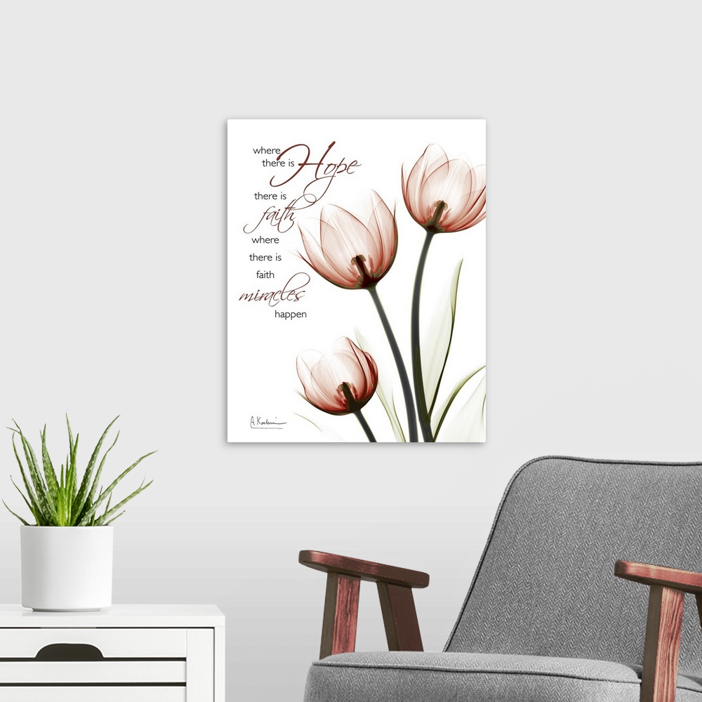 A modern room featuring Vertical, large x-ray photograph of three tulips on a solid white background.  Text above the tul...