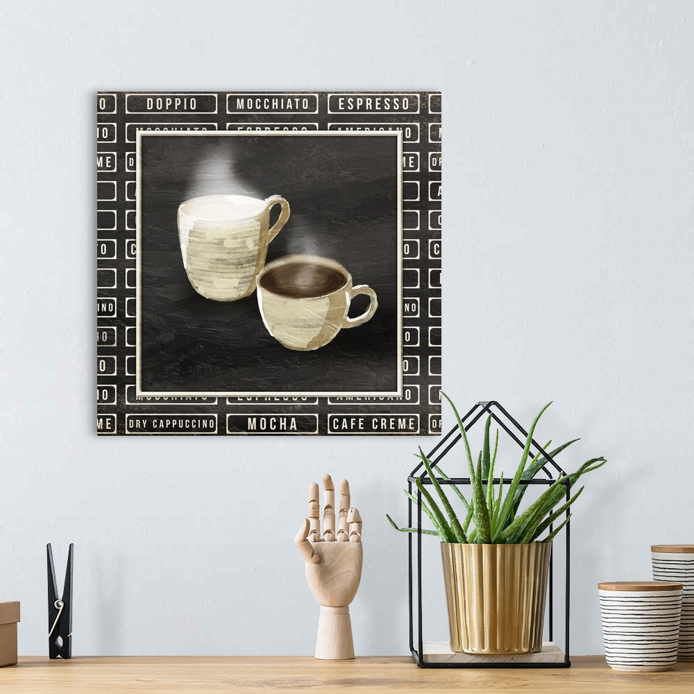 A bohemian room featuring A painting of two cups of coffee with text of different styles of coffee painted on a chalkboard ...