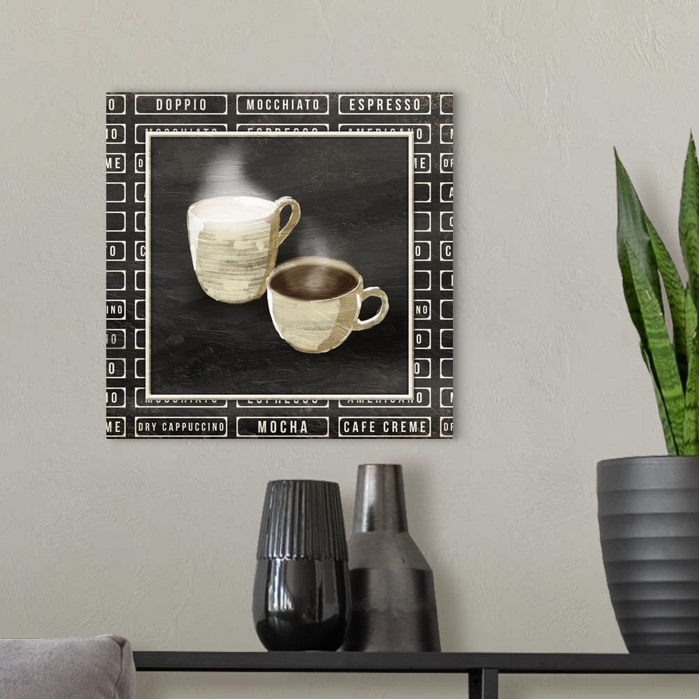 A modern room featuring A painting of two cups of coffee with text of different styles of coffee painted on a chalkboard ...