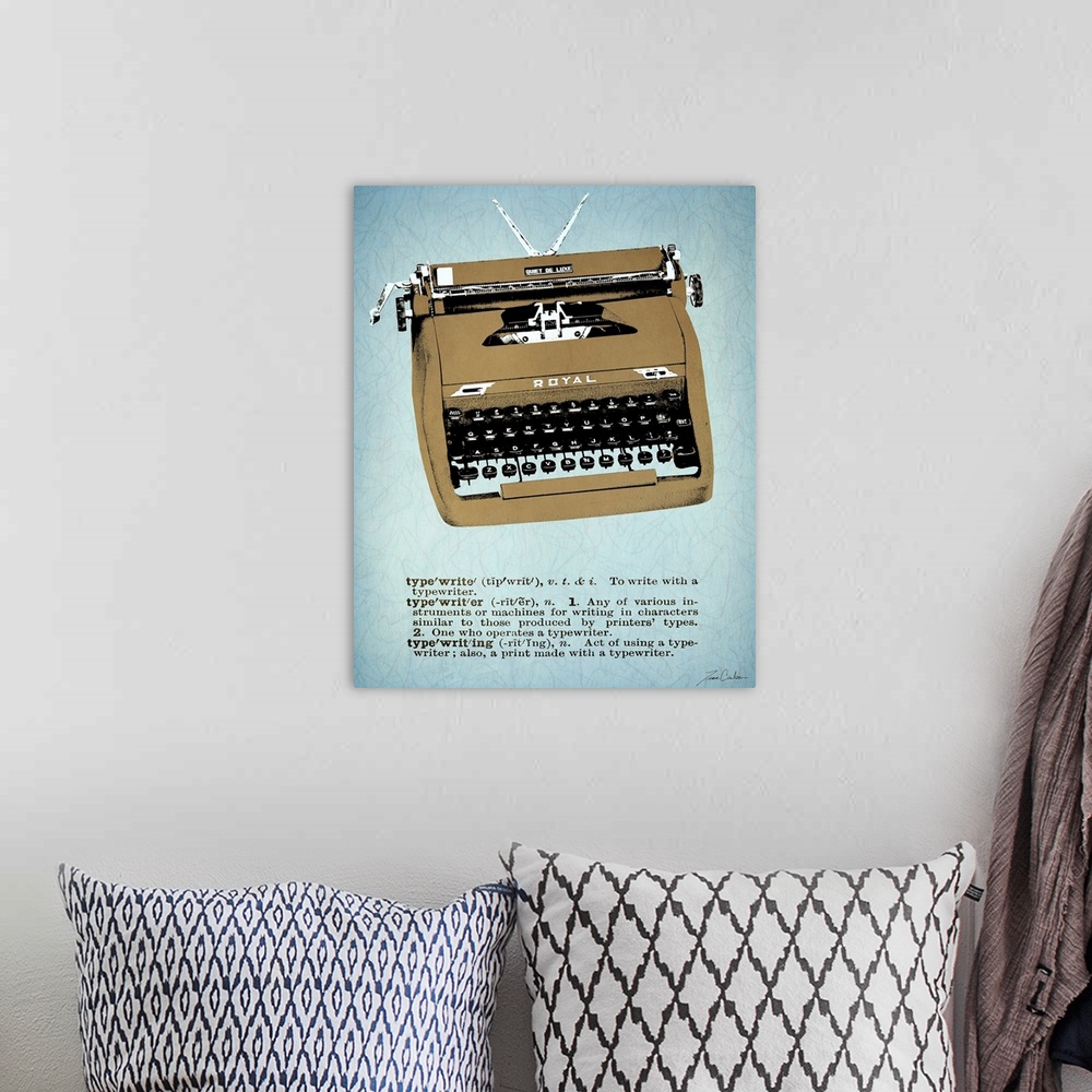 A bohemian room featuring Retro-style illustration of a typewriter with the dictionary definition below the image.