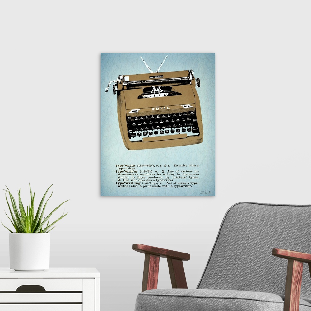 A modern room featuring Retro-style illustration of a typewriter with the dictionary definition below the image.