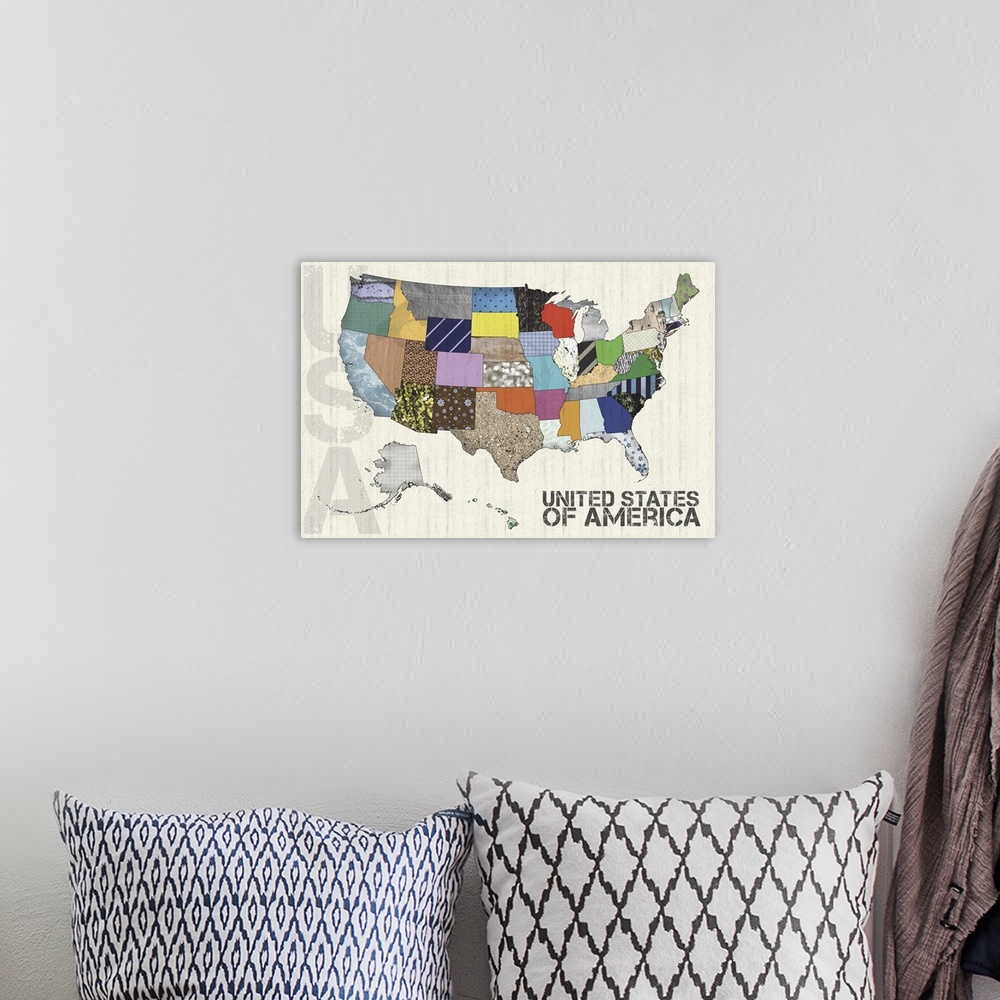 A bohemian room featuring US map