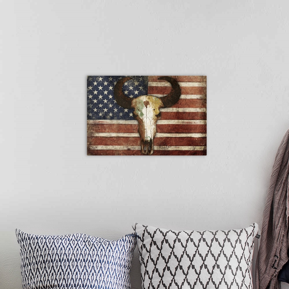 A bohemian room featuring US Skull Flag