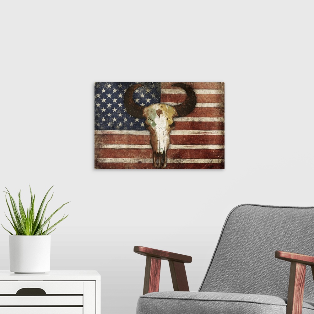 A modern room featuring US Skull Flag