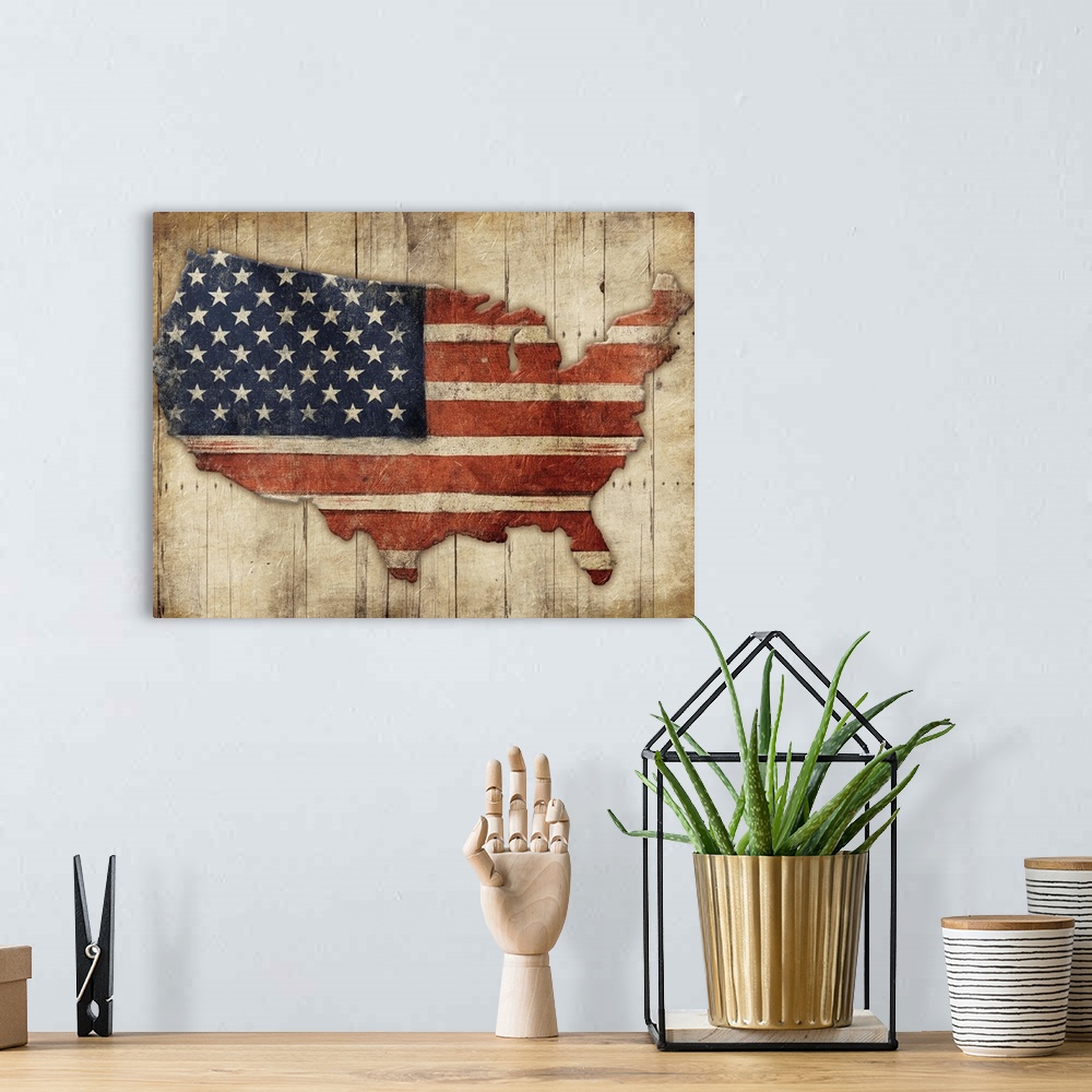 A bohemian room featuring A rustic map of the United States made out of the American flag on a wood panel background.