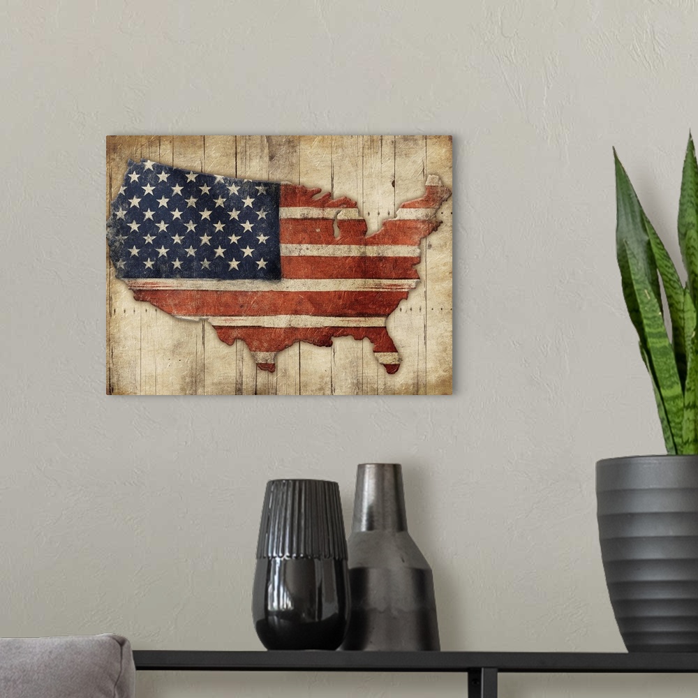 A modern room featuring A rustic map of the United States made out of the American flag on a wood panel background.