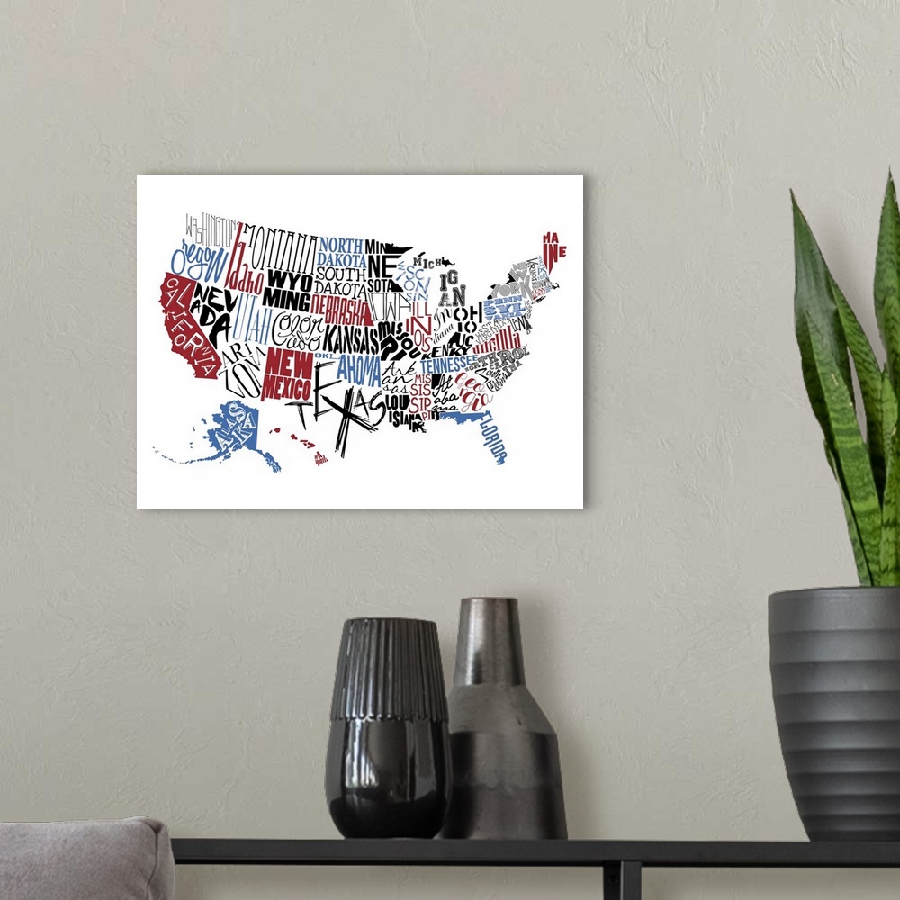 A modern room featuring Contemporary painting using typography to make the shape of the USA.