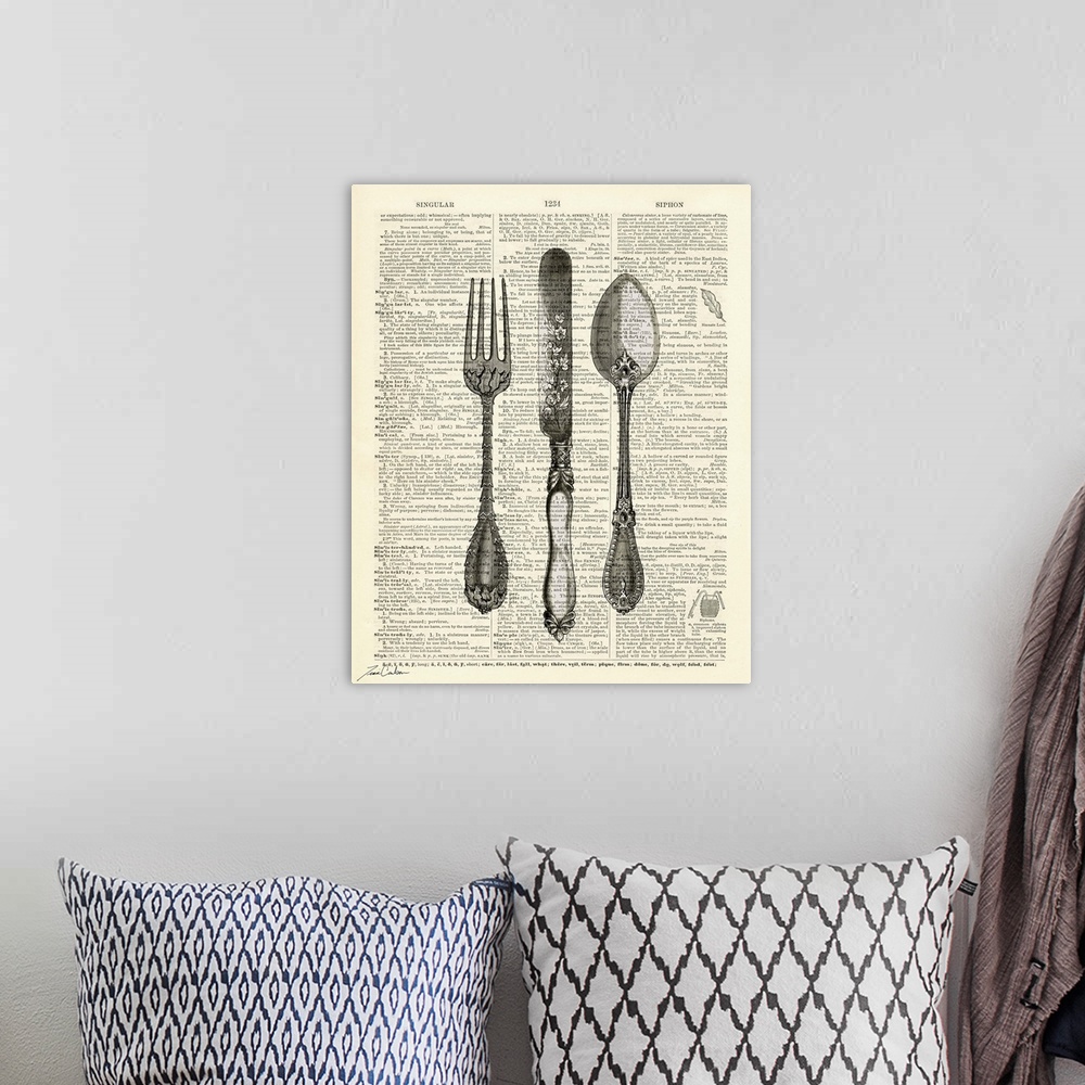 A bohemian room featuring Contemporary artwork of a vintage dictionary page with kitchen utensils.