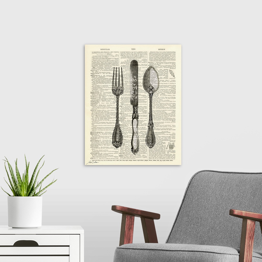 A modern room featuring Contemporary artwork of a vintage dictionary page with kitchen utensils.