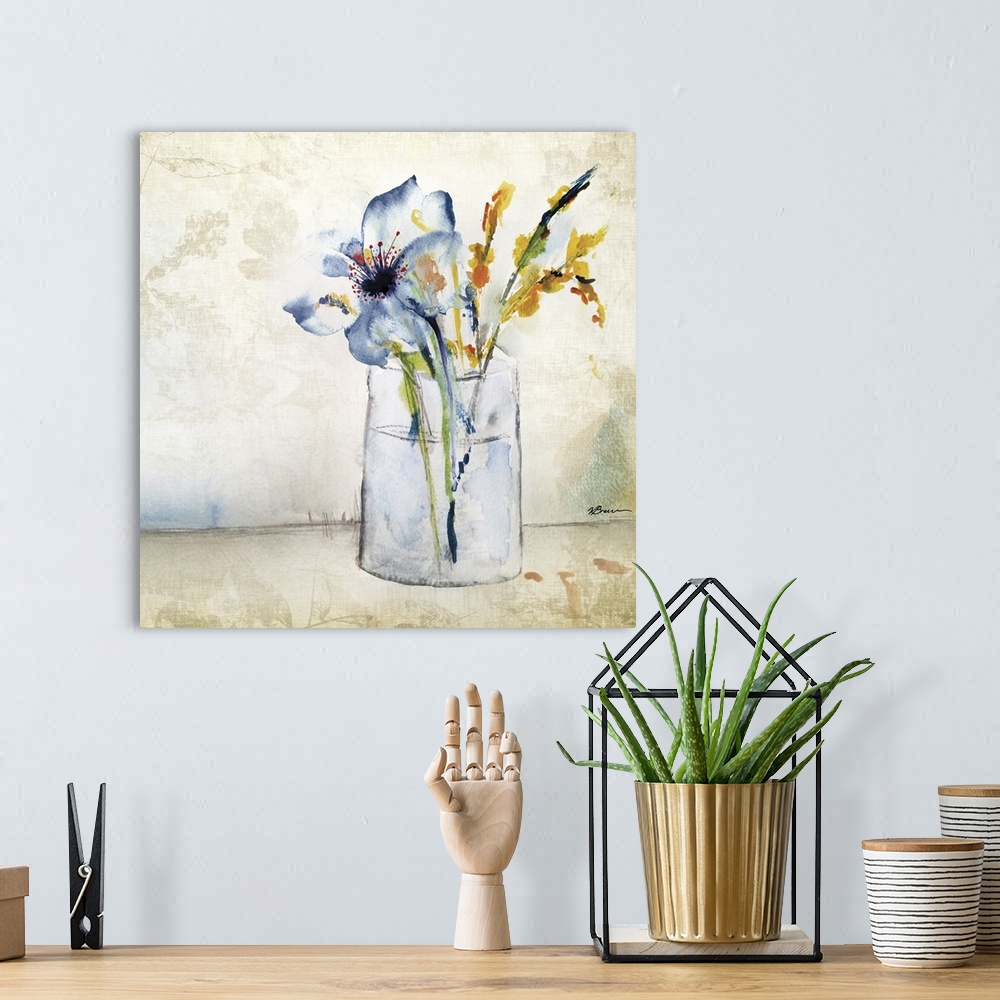A bohemian room featuring Contemporary painting of a vase of colorful flowers.