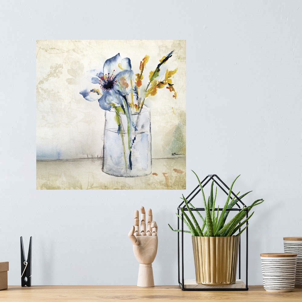 A bohemian room featuring Contemporary painting of a vase of colorful flowers.