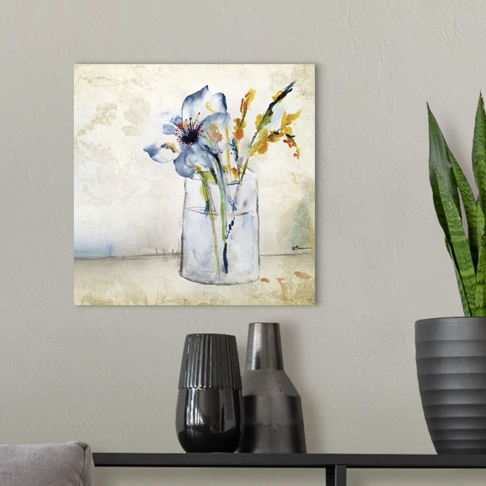 A modern room featuring Contemporary painting of a vase of colorful flowers.