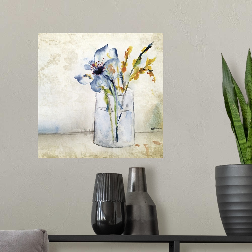 A modern room featuring Contemporary painting of a vase of colorful flowers.
