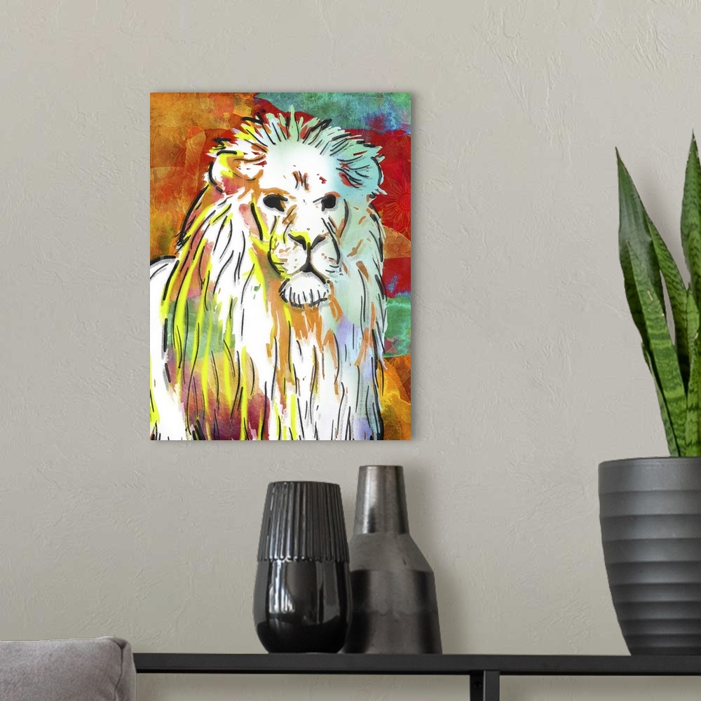 A modern room featuring A bright and colorful painting of a lion.
