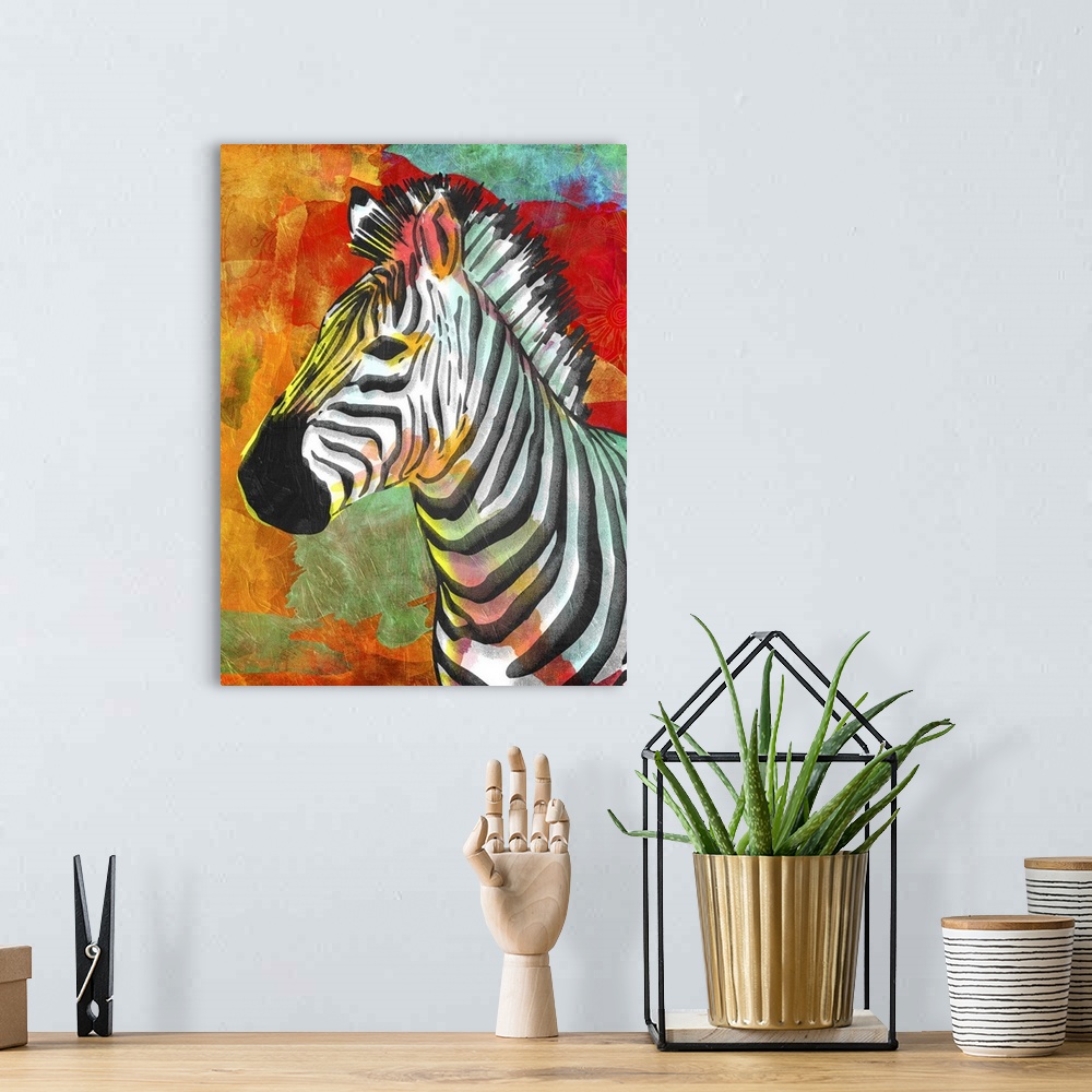 A bohemian room featuring A bright and colorful painting of a zebra.
