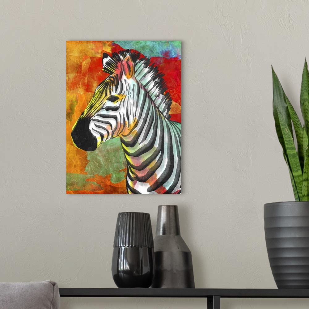 A modern room featuring A bright and colorful painting of a zebra.