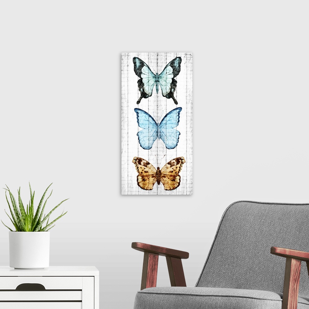 A modern room featuring Three butterflies painted vertically on a wooden paneled background with faded handwriting on top.
